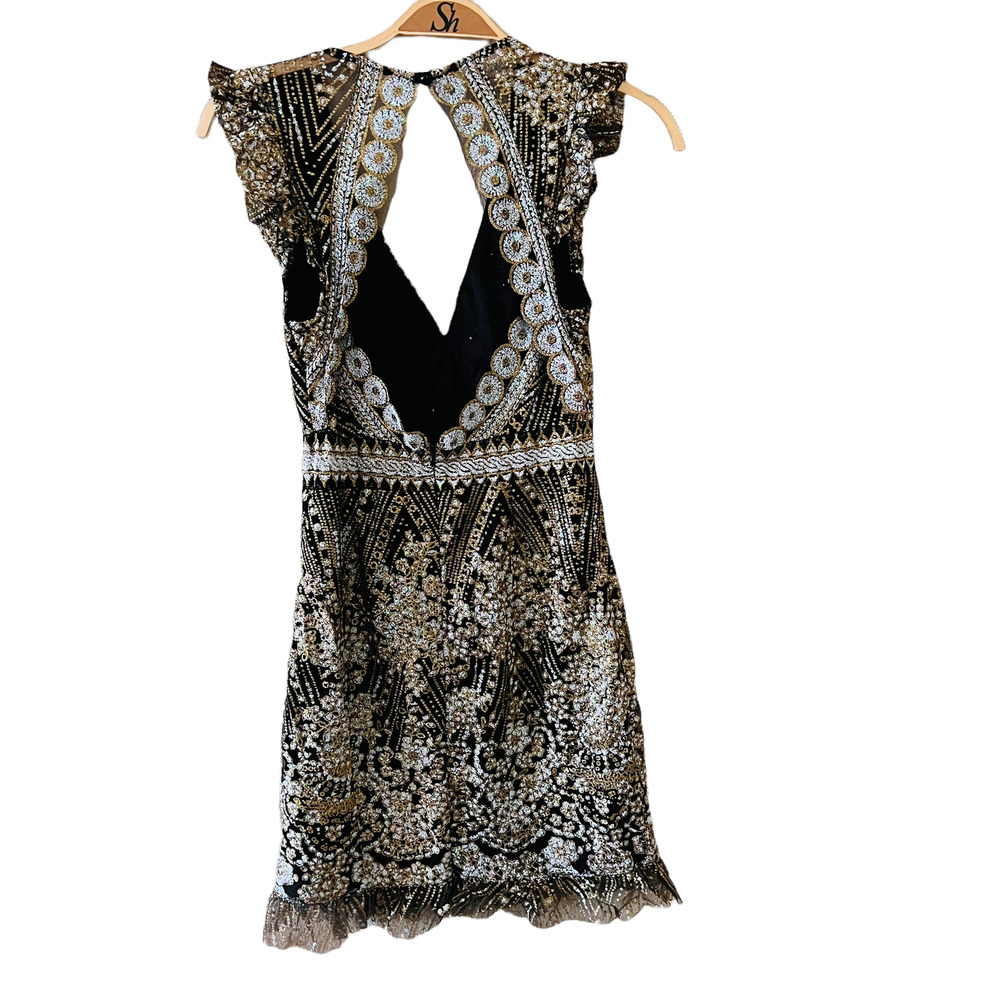 Hello Molly Dress Size XS Match Me Embellished Ruffle Open Back Black Gold - Picture 3 of 13